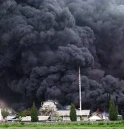 20 Jan 2004, GRESIK, Indonesia --- Clouds of black smoke rises after a large explosion ripped through a chemical factory owned by PT Petro Widada in the Indonesian town of Gresik on January 20, 2004. At least 54 people were injured in what appeared to be an accident, police said.