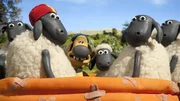 Centre Bitzer, the sheepdog, and lamb Shaun
