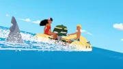 Timeti und Yann (v.l.) locken den Hai Rahi zur kleinen Insel Heramana. Dort soll er die Kaufinteressenten der Hotelanlage vertreiben, die der Gauner Van Krook auf der Insel errichten will.