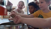 Die Kinder probieren den Honig.