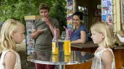 "Das ist meine - nein meine!" Wem gehört die vollere Limoflasche? Fritz Fuchs (Guido Hammesfahr) und Yasemin (Sanam Afrashteh) beobachten Luca und Lisa (Annika und Marie Becker), beim Geschwisterstreit am Kiosk.