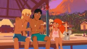 Yann, Auru und Marina sitzen vergnügt am Steg vor dem Dorf. Sie freuen sich, dass das Abenteuer gut ausgegangen ist.