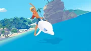 Yann reitet als Supermann verkleidet auf Zoom. Die beiden spielen eine wichtige Rolle in Marinas Film.