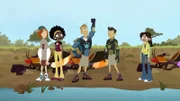 (V.li.) Jimmy, Chloe, Chris, Martin und Stella konnten die Stör-Roboter aus den Anzügen entfernen und freuen sich, dass ihrer nächsten Mission nichts mehr im Wege steht.