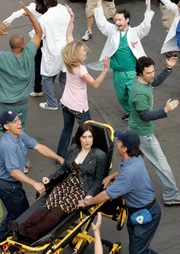 "Scrubs - Die Anfänger", "Mein Musical." Eine Frau bricht im Park zusammen und muss zur ärztlichen Behandlung ins Spital gebracht werden. Sie nimmt das Leben um sich herum plötzlich als Musical wahr. So hört sie Lieder über Männerfreundschaft, Elliots Wunsch ohne J.D. in ihr neues Haus einzuziehen und Carlas Überlegung wieder ins Berufsleben zurückzukehren.Im Bild (v.li.): Donald Faison (Chris Turk), Sarah Chalke (Elliot Reid), Stephanie D'Abruzzo (Patti Miller), Zach Braff (John 'J.D.' Dorian).