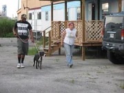 Joe and Tia walk Confetti