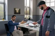 Controller Daniel Donato (Paul Brusa, l.) ist wenig begeistert, als er erfährt, welche Mengen an Druckerpatronen Hausmeister Hannes Winkler (Steffen Wolf, r.) bestellt hat.