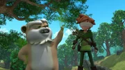 Hamster Derke (li.) übt mit Robin (re.) das Schießen mit verbundenen Augen.