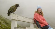 Wissenschaftlerin Amanda Greer mit ihrem "Forschungsobjekt" hoch in den Alpen Neuseelands. Da Keas Millionen Jahre auf der Insel ohne Menschen und Säuger lebten, sehen sie uns nicht als Feind an.