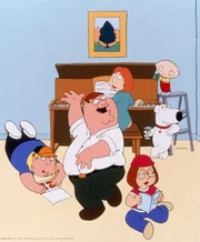 (5. Staffel) - (v.l.n.r.) Die Griffins aus Quahog, Rhode Island: Chris, Peter, Lois, Meg, Brian und Stewie.