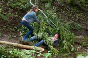 Paulina (Tabea Hug) muss Jan (Guiliano Marieni) von einem umgestürzten Baum befreien.