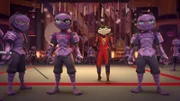 Chizu (v.2.v.r.) ist in Lady Fuwas Dojo eingedrungen. Chizu will die Neko Ninja Crew übernehmen.