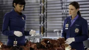 Cam (Tamara Taylor, l.) und Brennan (Emily Deschanel) untersuchen die Überreste eines Mannes, der offensichtlich Selbstmord begangen hat, indem er von einer Brücke gesprungen ist.