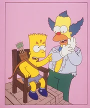 Bart (l.) beschwert sich bei Krusty (r.) über die schlechte Behandlung im Ferienlager.