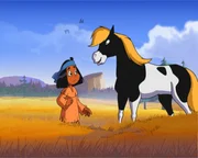 Yakari macht sich Sorgen, weil seine Mutter schon zu lange fort bleibt und reitet ihr mit Kleiner Donner nach.