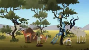Martin (li.) und Chris finden heraus, welchen Zweck der lange Hals einer Giraffe erfüllt.