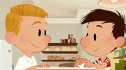 Georg, Nick und Mama backen einen Geburtstagskuchen für Georg.