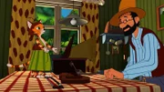 Pettersson steht in der Küche und streicht mit einem selbstgebauten Bogen über die Saiten einer Violine. Sein Gesichtsausdruck ist dabei etwas verklärt.