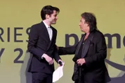 LOS ANGELES, CALIFORNIA - FEBRUARY 19: (L-R) Al Pacino and Logan Lerman pose onstage during the World Premiere Of Amazon Original "Hunters" at DGA Theater.
