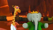 Prof. Woizikiwak fliegt in den Palast, um König Babar zu holen und ihm das Dinosaurierskelett zu zeigen.