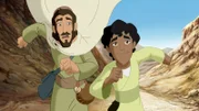 Habib und der Samariter (li.) beeilen sich, um dem Verletzten am Wegesrand zu helfen.