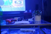 Ein Joystick, Kopfhörer und eine Pflanze auf dem Tisch.