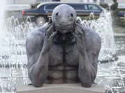 Las Vegas, NV - A live statue waiting to startle pedestrians in front of a fountain at Caesar's Palace in Las Vegas. When a statue comes to life, the hypothalamus in our volunteers' brains will trigger a physical flight or fight response. What will their reflex actions be?
