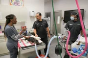 Kierra, the Vet Tech Assistant, asking questions to Dr. Lavigne and Dr. Blue about Bonnie the Long Haired Terrior’s procedure.