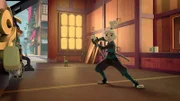 Kitsune (links) und Spot (Mitte) schauen zu, wie sich Usagi (rechts) freut. Er hat das Schwert "Weidenrute" seines Vorfahren erlangt!