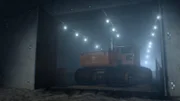 Camp Century Reconstruction: Mechanische Werkstatt mit Fahrzeug im Eistunnel. Teil von Camp Century, einer 1959 errichteten US-Militärforschungsbasis in der Arktis. (National Geographic)