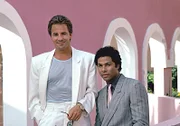 MIAMI VICE -- Sleuth Series -- Pictured: (l-r) Don Johnson as Det. John "Sonny" Crockett, Philip Michael Thomas as Det. Ricardo Tubbs