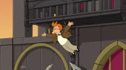 Fry (im Bild) um Leelas Hand anhalten möchte, stürzt er vom Vampire State Building. Doch ein von Professor Farnsworth erfundenes Gerät kann vielleicht sein Leben retten ...