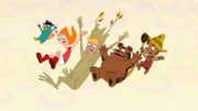 Mit ihren Freunden macht sich Candace auf die Suche nach dem Zauberer von Spotz, dort will sie ihre Brüder auffliegen lassen. Zusammen mit Streber-Scheuche-Baljeet (re.), dem Baum Jeremy (2.v.li.) und dem Löwen-Tiger-Bären Buford (2.v.re.) macht sie sich auf den Weg..