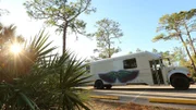 The setting sun peeks through a palmetto plant with a burst of light, with Kyle and Christiana Hill's tiny house bus in the background, awaiting it's first adventure, in Odessa, Florida, as seen on Tiny House, Big Living.