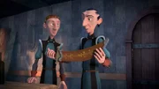 Jack (links) und Robert (rechts) finden Hinweise in den Verzierungen auf der Säbelscheide.