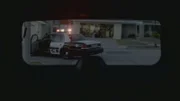 A police car through the woman's rear window.
