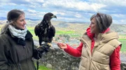 Greifenwarte auf Burg Guttenberg: Annette Krause (rechts) mit Oberfalknerin Nathalie Denholf (links)