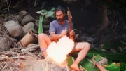 Hazen macht ein Feuer mit Schießpulver.