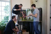 Dr. Oz's son Oliver is helping Wayde put gravel in the tank.