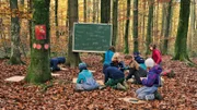 Schulkinder lernen vor der Wandtafel im Wald.