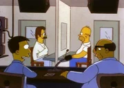 Flanders (li.) ist nach seinem ersten Wutausbruch freiwillig ins Sanatorium für Geisteskranke gegangen, wo ihn Homer (re.) besucht.