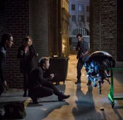 COLONY -- "Company Man" Episode 205 -- Pictured: (l-r) Victor Rasuk as BB, Bethany Joy Lenz as Morgan, Charlie Bewley as Eckhart, Tory Kittles as Broussard