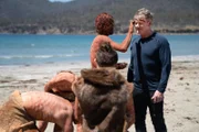 Forestier Peninsula, Tasmania - Craig Everett paints symbolic lines on Gordon Ramsay's face during a proper Welcome To Country which invites positive energy and removes stress and worry. Craig's three sons participate in the traditional ceremony.