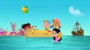 Jake, Skully, Cubby, Meerjungfrau Marina, Seestern Sandy und Izzy.