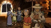L-R: Katara, Toph Beifong, Sokka, Aang, Professor Zei