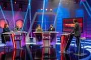 Stellen sich den Fragen ihres Gastgebers Florian Weber (rechts) beim SWR Wissensquiz "Meister des Alltags": Moderatorin Enie van de Meiklokjes, Telefonschreck Bodo Bach, Comedienn Meltem Kaptan und Schauspieler Antoine Monot Jr. "Meister des Alltags" spendet den Gewinn einem wohltätigen Zweck.