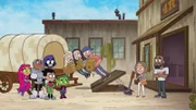 Starfire (l.), Cyborg (2.v.l.), Robin (3.v.l.), Raven (4.v.l.), Beast Boy (5.v.l.), Peggy Regan (2.v.r.), Peter Michail (r.)