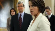 Die Spuren im Mord an einem prominenten Geschäftsführer einer Wohltätigkeitsorganisation führt die Staatsanwälte Rubirosa (Alana De La Garza, li.), McCoy (Sam Waterston, 2.v.li.) und Cutter (Linus Roache) bis zur Frau des Gouverneurs, Rita Shalvoy (Alison Elliott).