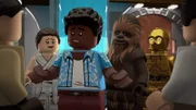 (L-R): Rose, Rey, Finn, Chewbacca, C-3PO und Poe
