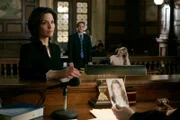 LAW & ORDER -- "Quit Claim" Episode 1810 -- Pictured: (l-r) Alana de la Garza as Assistant District Attorney Connie Rubirosa, Greg Keller as Peter Berbatov, January Jones as Kim Brody -- NBC Photo: Will Hart